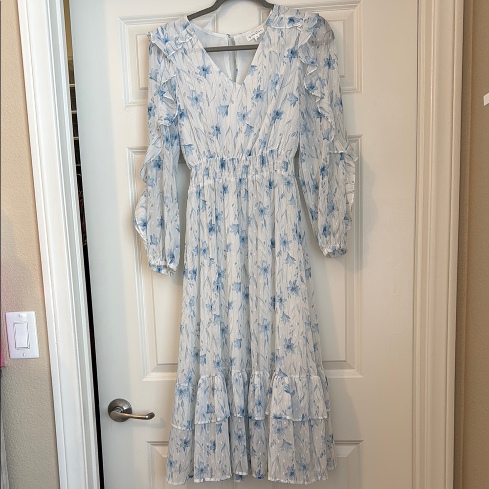 White with Light Blue Floral Midi Dress